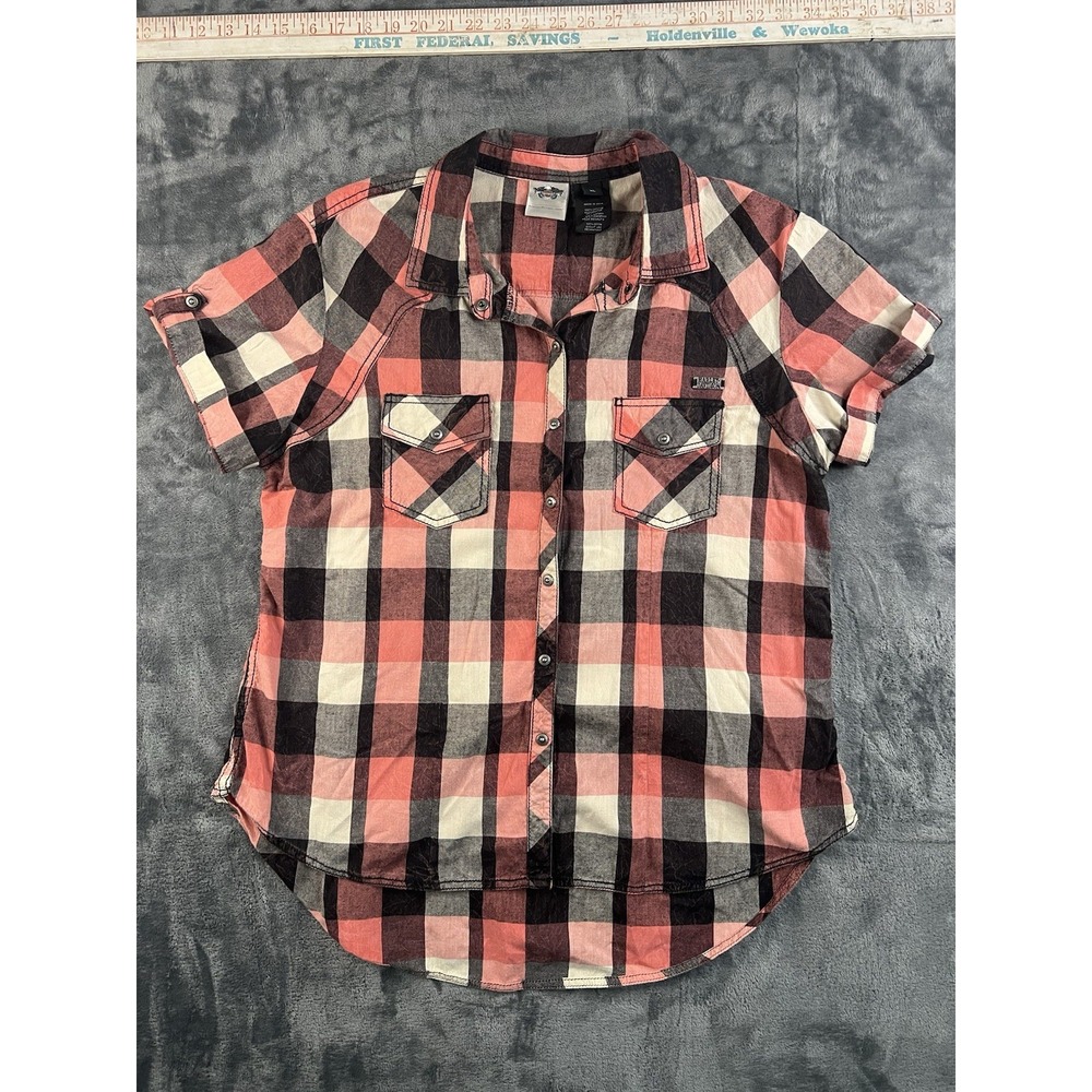 Harley Davidson Womens XL Shirt Pink Coral Black Plaid Button Up MotorClothes